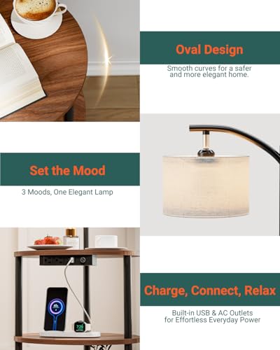 Round Side Table with Lamp and USB Ports, 3-Tier Small End Table for Living Room & Bedroom, Rustic Wood Metal Nightstand for Small Spaces, Easy to Assemble, Rustic Walnut - color: Rustic Walnut, size: 1-Pack, style: Built-in Charging + Lighting
