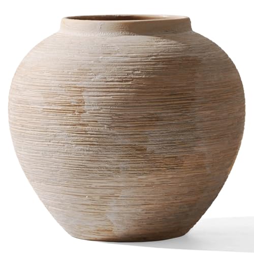 Large Rustic Ribbed Vase Home Decor - 8.8 in Ceramic Vintage Farmhouse Vases for Decor, Decorative Terracotta Round Bowl vase for Living Room, Table, Shelf, Kichen Décor - style: 01 - Large Rustic Ribbed Beige