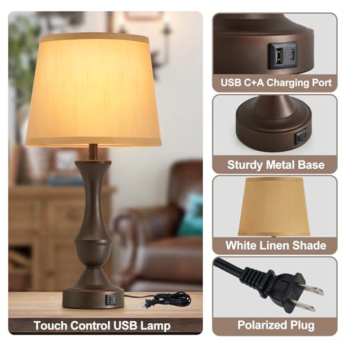 Luvkczc 22" Table Lamp Set of 2 - Farmhouse Vintage Brown Bedside Lamp with Brown Fabric Shade, Dimmable, USB C+A Ports, Nightstand Lamp for Living Room Bedroom (Bulb Included) - color: Brown,Brown, size: 22in