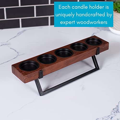 BIRDROCK HOME 5-Candle Centerpiece | Fits Small 2" D Votive Candles | Wooden Candle Holders with Black Iron Stand | Long Candelabra Decor for Tables, Weddings, Vintage Events | Mango Wood Brown/Black