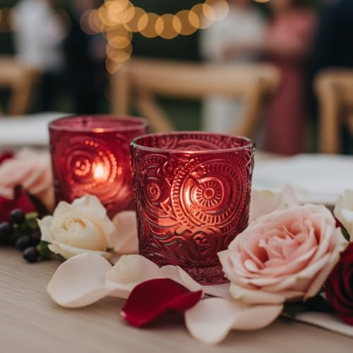 6 Pack Patented Sun Moon Star Embossed Glass Tea Light Candle Holders - Unique Votive Candle Holders for Wedding, Party, and Table Centerpieces (Wildberry Red) - color: Wildberry Red
