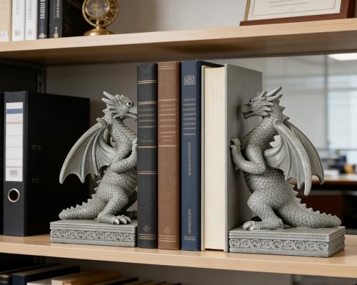 Dragon Statue Decorative Bookends for Shelves, Stone Grey Dragon Statue Home Office Decoration, Fantasy Dragon Figurine Enthusiasts Gifts - color: Stone Grey