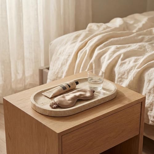 Natural Italian Travertine Tray Oval Decorative Marble Vanity Tray for Bathroom Countertop Hand-Polished Organizer for Kitchen Soap Jewelry Coffee Table Beige (11.8X5.9 Inch)