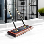 Dacasso Luxury Walnut & Black Leather Double Pen Stand with Rolling Ball Pen - Executive Desk Decor and Elegant Organizer