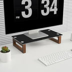 YEOUX Black Glass Computer Monitor Stand Riser with Wooden Base for Flat Screen LCD, LED TV, Laptop, Printer, Multi Media Desktop Stand, Office Supplies Desk Organization - color: Walnut&Black