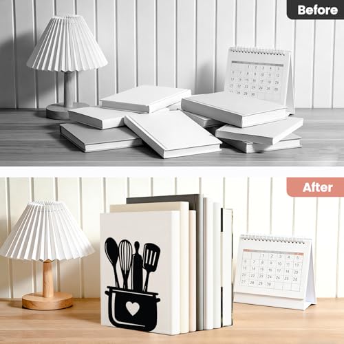 2pcs Black Metal Bookends with Tableware Patterns Adjustable Book Ends for Shelves Heavy Duty Iron Book Stopper with 8 Non-Slip Pads Kitchen Bookends for Cookbooks Vinyl Records Office