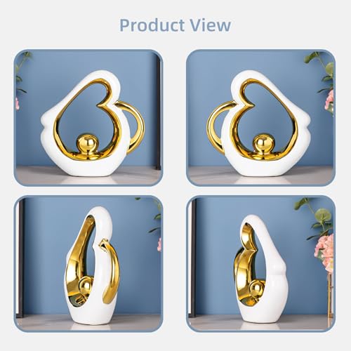 Gold Sculpture Coffee Table Decor, Dining Room Table Centerpieces, Ceramic Statue Abstract Sculptures Home Decorations, Modern Art Heart Shape Mantle Decor for Living Room - color: White and Gold 2