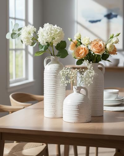White Ceramic Vase Set of 3 with Handle – Ribbed and Dotted Jug Vases for Rustic Farmhouse Table Centerpiece, Shelf & Mantel Decor - color: White03