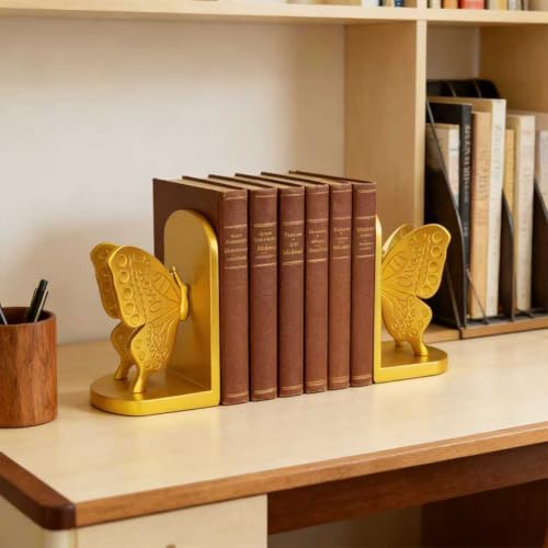 Butterfly Decorative Booknds,Resin Book Ends for Shelves,Gold Heavy Duty Resin Book Stopper for Books,Decorative Book Ends for Shelves,Decor for Desk Home Office.