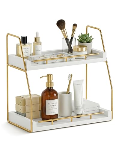 Mustry Bathroom Countertop Organizer, 2-Tier Makeup Organizer for Vanity, Wooden Shelf with Gold Metal Frame for Skincare, Perfume & Decor (White&Gold)
