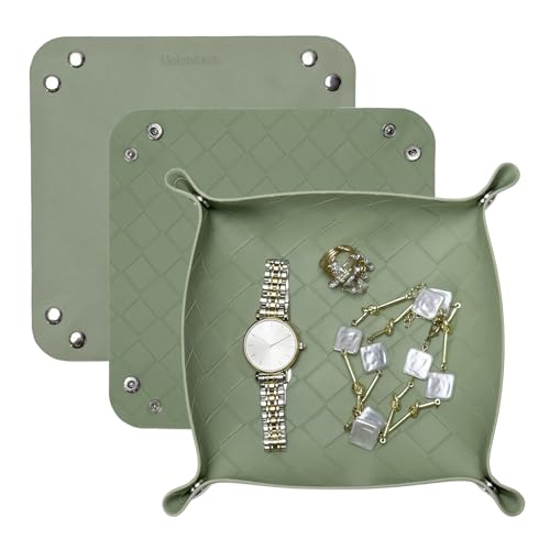 UnionBasic Small Valet Tray, Jewelry Tray for Rings Watches Earrings, Entryway Catchall Caddy for Coins Keys Change, Nightstand Bedside Valet Holder, Trays for Electronic Gadgets, Woven Matcha - color: Woven Matcha, size: 5.4" x 5.4" x 1.6"