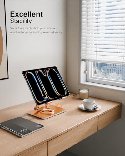 Orlian Tablet Stand Holder with Thickened 360°Rotating Base Dual Rod Adjustable Aluminum Stand for All 5.8-12.9” iPad Samsung Phone Tablet Kindle E-Reader and More, Champagne Gold - color: Champagne Gold
