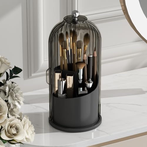 GAXmi Makeup Brush Holder with Lid Cosmetic Tools Organizer 360 Rotating Waterproof Dustproof Beauty Brushes Storage for Vanity, Black-Grey - color: Black-Grey