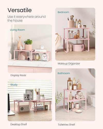 SONGMICS Cabinet Organizer Shelf, Set of 2 Kitchen Counter Shelves, Kitchen Storage, Spice Rack, Stackable, Expandable, Metal and Engineered Wood, Jelly Pink UKCS020S01 - color: Jelly Pink, size: 11.7"W
