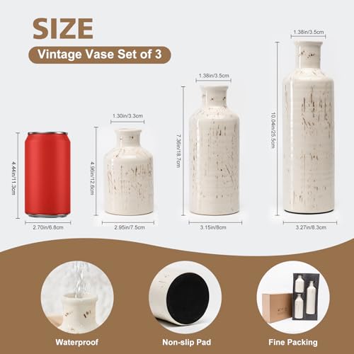 Vintage Ceramic Flower Vase Set of 3, Rustic Farmhouse Vase for Home Decor, Distressed Decorative Vase for Table Entryway Mantel Centerpiece Living Room Bathroom Bedroom (Cream Stripe) - color: 113-cream Stripe