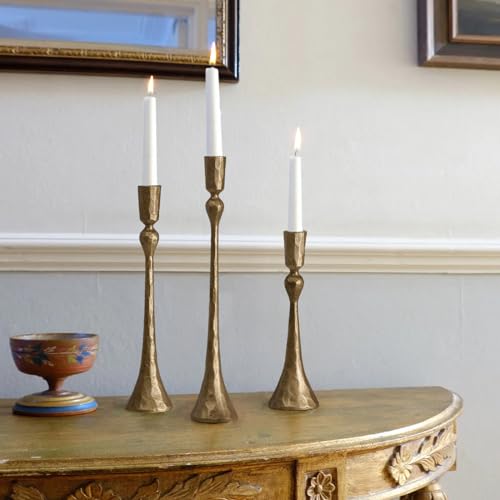 Vintage Cast Iron Taper Candle Holder - Set of 3 Decorative Candle Stand, Candlestick Holder for Wedding, Dinning, Party (Antique Brass)