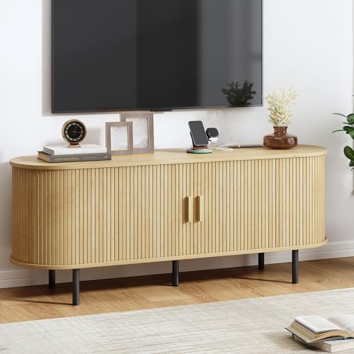 55" TV Stand with Power Outlet, Modern Media Console with Sliding Doors, Entertainment Center for TVs up to 60 Inch, Adjustable Shelves, Oak - color: Oak, size: 55 Inch