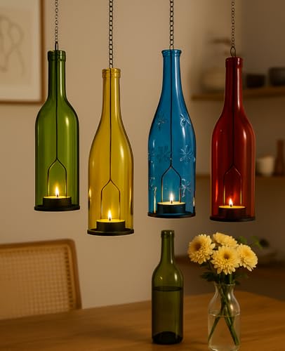 AceList 4-Pack Hanging Candle Holder for Cut Glass Bottles – Rustic Black Iron DIY Wine Bottle Lantern for Patio, Wedding, Halloween, Christmas Décor & Gift - color: 3.0" Diameter - Black, size: Pack of 4
