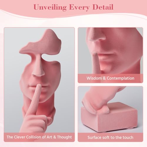 Velvet Flocked Thinker Sculpture for Bookshelf Decor, Flocked Mask Collectible Figurines Modern Abstract Art Statue Spring Decor for Home, Office, Desk Decor (Pink) - color: Nospeak-pink
