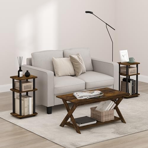 Furinno JUST Side Table Set of 2, 3-Tier Turn-N-Tube End Table with Open Shelf, Round Curve Corner Night Stand, Bedside Table, Easy Assembly, for Living Room, Bedroom, Amber Pine - color: Amber Pine, size: 2-Pack, Plastic Frame, 3-Tier