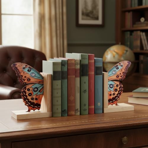 Decorative Butterfly Bookends Wooden Acrylic Butterflys Bookend Modern Bookshelf Decor Accent Book Stopper Decor for Home Farmhouse Shelves Office Lover Gift(Junonia Almana Butterfly) - style: Junonia Almana Butterfly