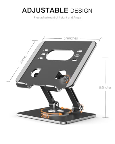Orlian Tablet Stand Holder with Thickened 360°Rotating Base Dual Rod Adjustable Aluminum Stand for All 5.8-12.9” iPad Samsung Phone Tablet Kindle E-Reader and More, Black - color: Black