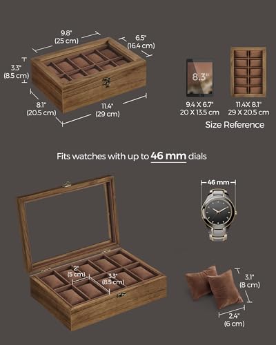 SONGMICS 10-Slot Watch Box, Watch Display Case with Large Glass Lid, Removable Watch Pillows, Velvet Lining, Gift Idea, Rustic Walnut UJOW100K01 - color: Rustic Walnut, size: 1 Layer 10 Slot