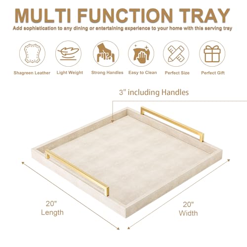 Large Ottoman Tray for Coffee Table,Square Shagreen Leather Decorative Tray with Gold Handles for Living Room Decor - color: Ivory, size: 20" x 20" x 3"