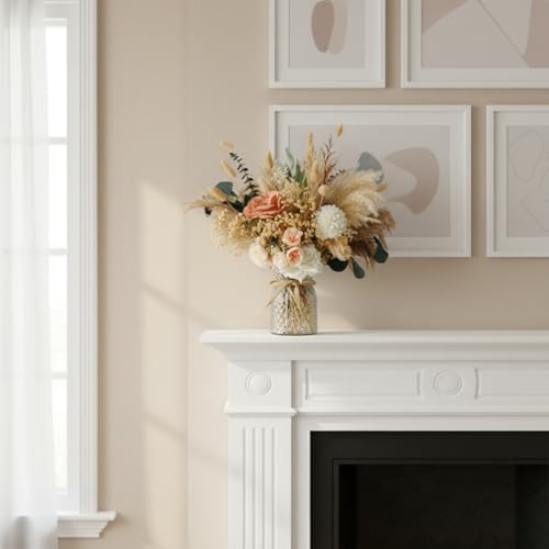 Luxury Floral Arrangement with Vase - Pampas Grass & Artificial Flowers for Kitchen Island, High End Centerpiece Decor, Coffee Table & Dining Table, Farmhouse Boho Home Decor with Dried Flowers - size: high end bouquet in vase