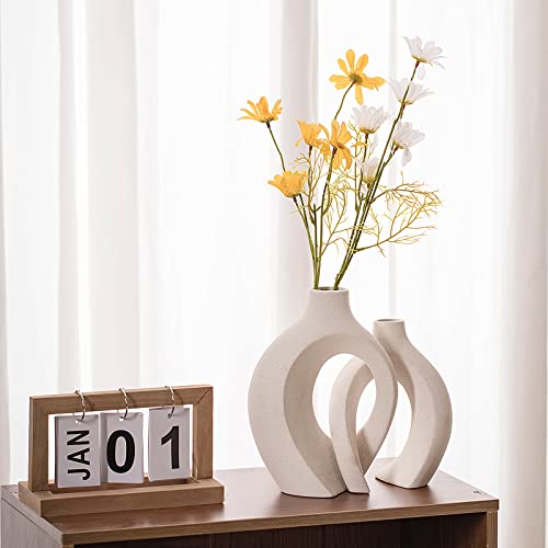 Levvohd Hollow Ceramic Vase Set of 2, Modern Nordic Minimalist Book Style Boho Aesthetic Vases for Home Decor Living Room Shelf Entryway Coffee Centerpiece Table Decorative (Cream White) - color: Off White - Round Hollow