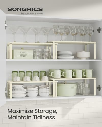 SONGMICS Cabinet Organizer Shelf, Set of 2 Kitchen Counter Shelves, Kitchen Storage, Spice Rack, Stackable, Expandable, Metal and Engineered Wood, Cream White UKCS200W02 - color: Cream White, size: 15.6"W