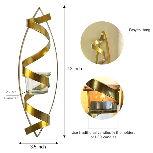 Lily's Home Set of 2 Tealight Wall Sconces - Spiral Ribbon Metal Art with Gold Finish, 12 Inch Indoor Wall Decor - Suitable for Living Room, Hallway, Wedding & Party Decorations - color: Gold Finish Spiral Ribbon
