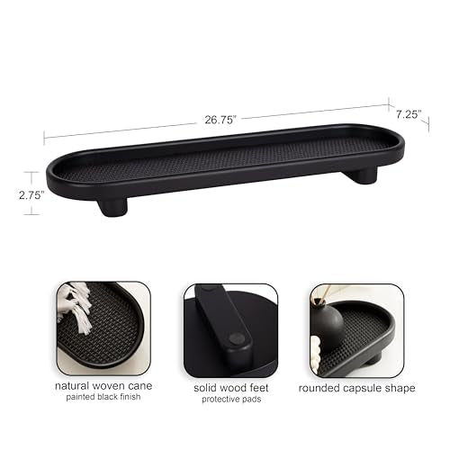 Kate and Laurel Planche Decorative Capsule Woven Tray with Solid Wood Frame; 27 x 8; Black; Modern Slim Wood Rectangle Serving Tray for Living Room - color: Black