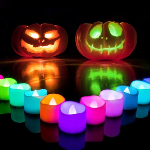Homemory Multi Color Changing Tea Lights Candles Battery Operated, LED Holiday Candles Tealights with 7-Color Changing for Halloween, Pumpkin, Ofrenda, Christmas, Party, DIY, 12-Pack [White Base] - color: 7 Color Changing Glow – White Body, size: Pack of