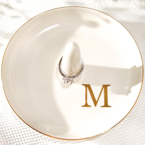Ceramic Initials Jewelry Tray Ring Dish With Personalized M-Monogrammed Engagement Wedding Gifts, for Birthday Mother's Day for Women, Ceramic White 4.7" x2.4" - style: M