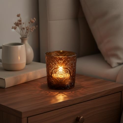 6 Pack Mandala Embossed Glass Candle Holders – Votive Tealight Holders with Patent Design, Decorative Embossed Glass Cups for Wedding Centerpieces, Parties, and Home Décor (Chestnut Brown) - color: Chestnut Brown
