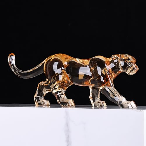 16" L Acrylic Cheetah Statue, Crystal Glass Finish Leopard Figurine, Gold Clear Jaguar Sculpture for Home Or Office Cool Decor, Large Luxury Panther Desk Animal Art African Statues