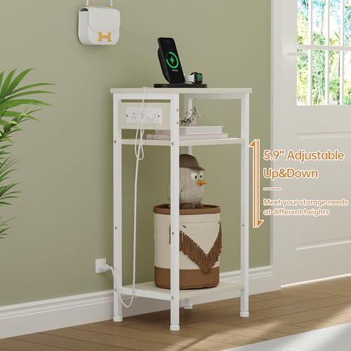 Asgolion Tall End Table with Charging Station, 3 Tier Narrow Tall Nightstand with Storage, Slim Side Table for Bedroom, Living Room, Nursery, Office, Cream White - color: Cream White, style: With Outlet