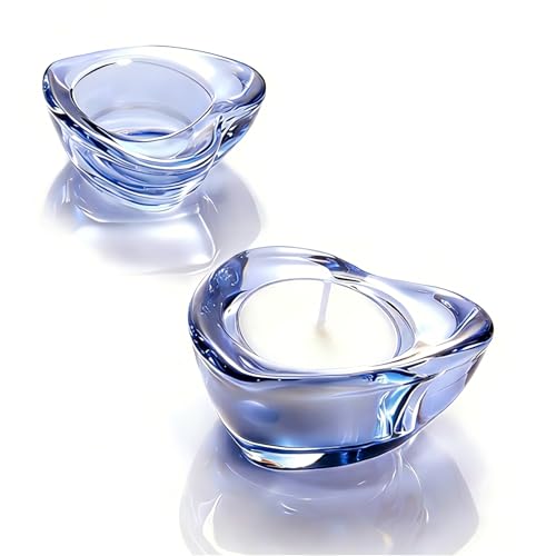 Blue Tealight Candle Holders - Set of 12, Heart-Shaped Chunky Glass Candle Holder, 2.9" Diameter - CH02 - Water Blue - color: Water Blue