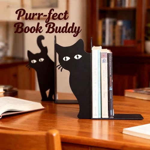Peeping Cat Bookends Set of 2 - Heavy Duty Metal Bookends for Study & Office Bookshelf, Decorative Cat Lover Gifts, Non-Slip Book Organizers with Whimsical Peeking Cat Design