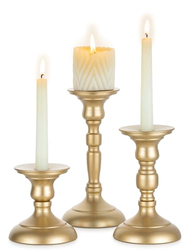 Sziqiqi Gold Candle Holders Decor: Candle Holders for Pillars Candlesticks - Taper Candleholders Set of 3 for Wedding Table Fireplace Mantel Holiday