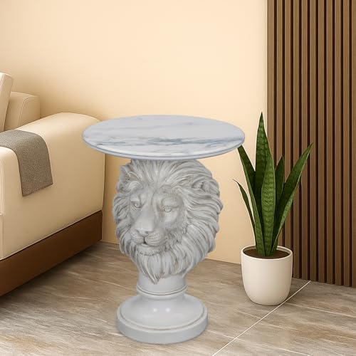 White Lion Head Sculptural Side Table with Faux Marble Top, 19.68" Round Resin Animal End Table, 25.59" H Majestic Accent Table for Living Room & Entryway, Regal Housewarming Gift - color: White Lion