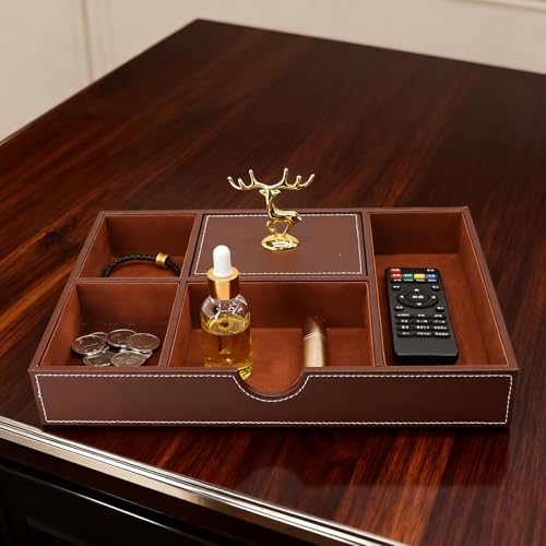 Jewelry Trays Nightstand Organizer, Valet Tray for Men and Women, Tray Organizer,Can hold Mobile phones, watches, cosmetics, keys. Dark Brown Faux Leather, 5 CompartmentCompartment - color: brown
