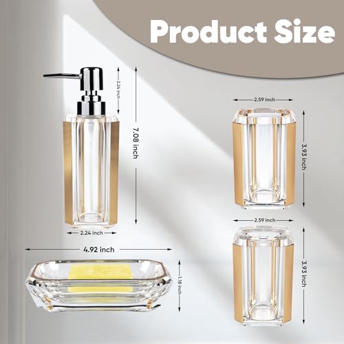 4-Piece Gold Bathroom Accessories Set — Soap Dispenser, Soap Dish, Mouthwash Cup & Toothbrush Holder, Acrylic with Brushed Gold Accent, Luxury Bathroom Vanity Countertop Organizer for Home - color: Gold