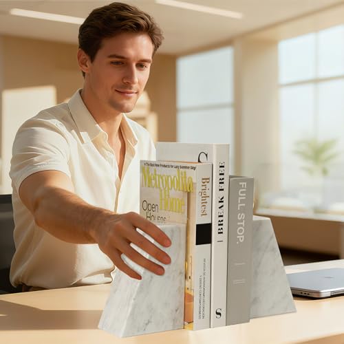 Marble Bookends for Shelves, Decorative Book Ends, 10lbs Heavy-Duty Marble Book Holders, Stone Bookshelf Decor, Carrara White - color: Carrara White, size: 10LB