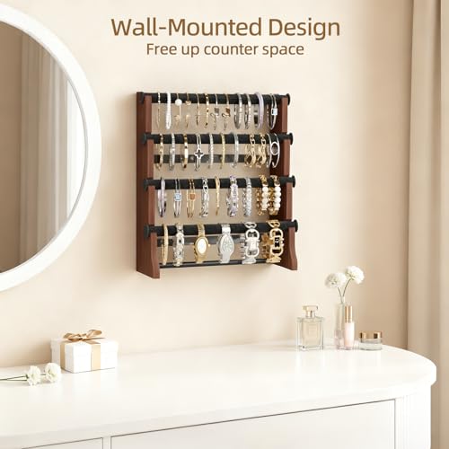 ORLESS 2 Pack Bracelet Holder, 4 Tier Detachable Velvet Jewelry Display Stand, Rustic Wood Necklace Storage Organizer Display Stand, Wall Mounted Holder for Bangles Watch Bracelets,Blackbrown - color: Blackbrown-2Pack