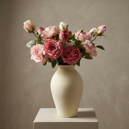 Ceramic Vase - Large & Elegant Farmhouse-Style Vases for Rustic Vintage Home Decor: Living Room, Bedroom, Office, Dining + More - Perfect for Tables, Shelves, Fireplaces & Coffee Desks (White) - color: White