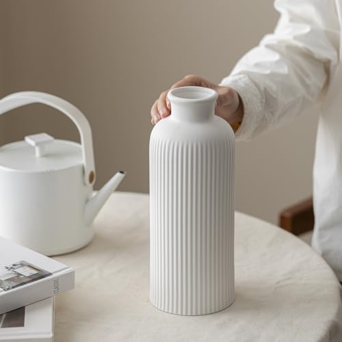 Natural White Ribbed Ceramic Vase for Flowers, Modern Textured Decorative Vase, 10 Inch Tall, 3.94 Inch Width, Farmhouse Style Home Decor (Bisque White) - color: Bisque White