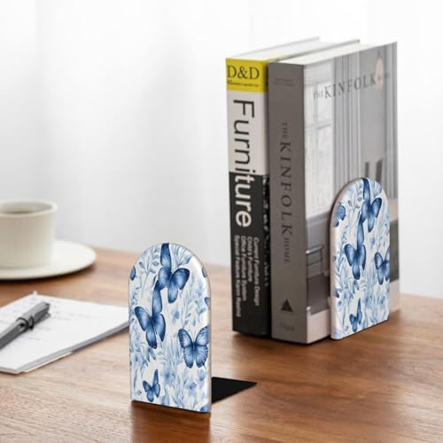 Decorative Bookends 2 Pcs Blue Butterfly Flower Leaves Wood Bookends for Shelves Heavy Books Kids Non-Skid Book Ends Stoppers for Office Desk Kitchen School - color: Blue Butterfly Flower Leaves