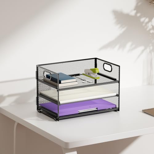 Marbrasse 3 Tier Paper Organizer Letter Tray, Mesh File Organizer with Handle, Paper Sorter Desk Organizer for Home Office Supplies - 2p - color: 2p-black